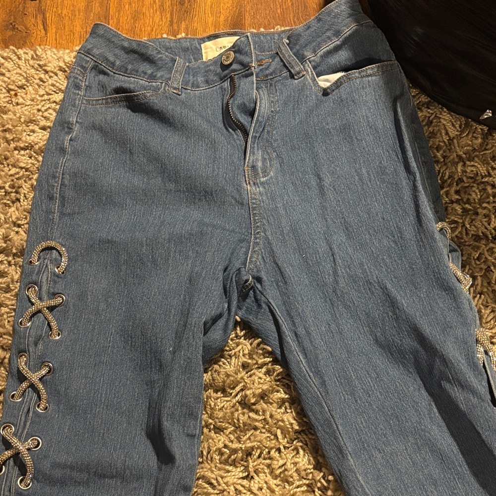 Women's Denim Straight Leg Jeans with Lace-Up Detail